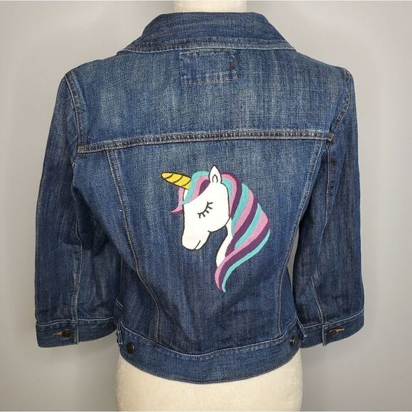UNICORN hand painted crop sleeve denim one of a kind jacket 10/M - Picture 1 of 10